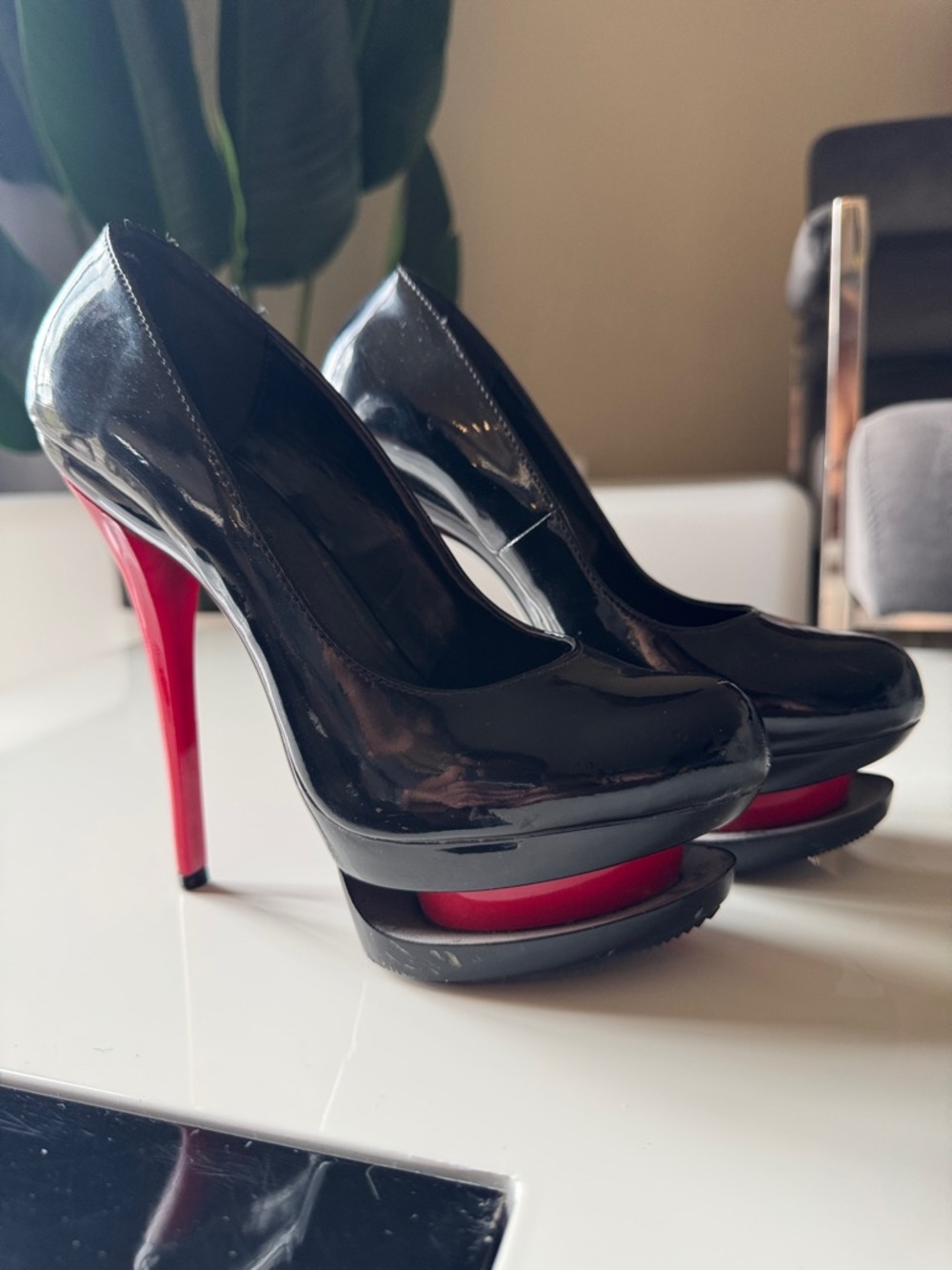 Pleaser Black Patent Platform Pumps with Red Heel - Women's Dress Heels